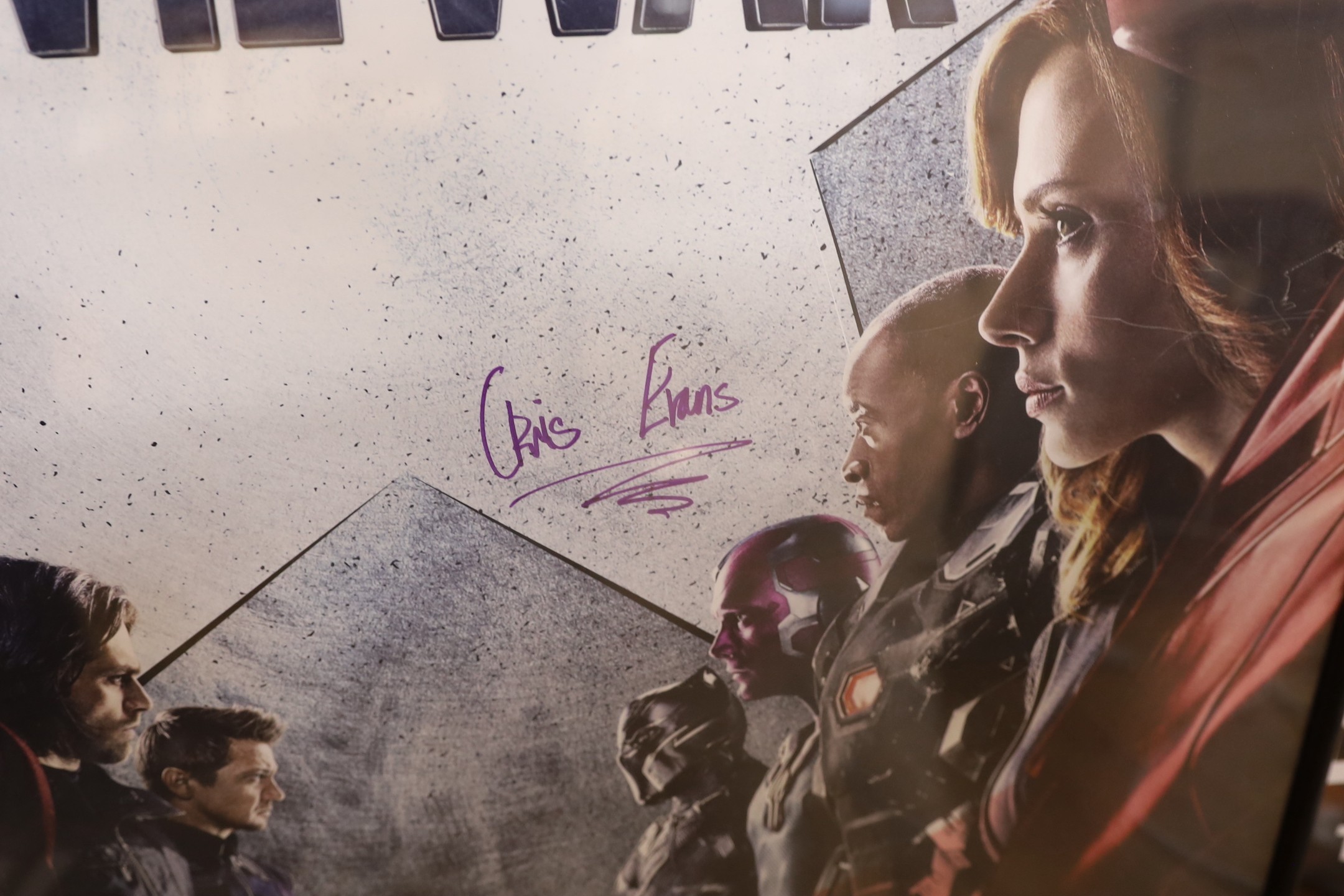 Five framed cinema posters, Captain America Civil War signed by Chris Evans, who played Captain America, from Eastbourne Odeon